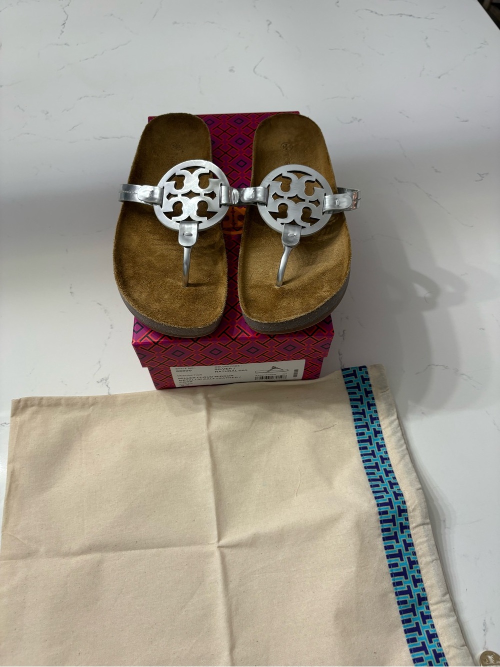 Tory Burch Silver Miller Thong Sandals - Brown Footbed Silver Cloud BRAND NEW